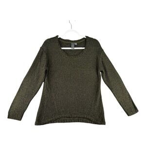 QUINN Olive Green Textured Knit Sweater Womens Large Elbow Patch Long Sleeve